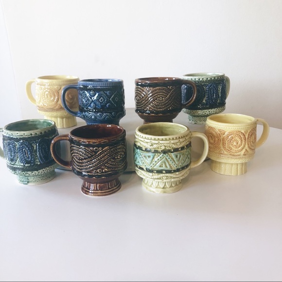 Other - SOLD Set of 8 stackable colorful Aztec mugs 60s style